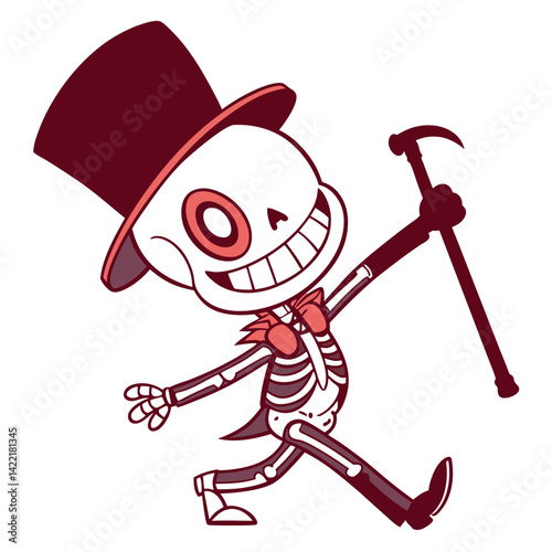 Cartoon Skeleton Character Dancing with Top Hat A Fun and Whimsical Representation of Dance, Humor, and Halloween Spirit