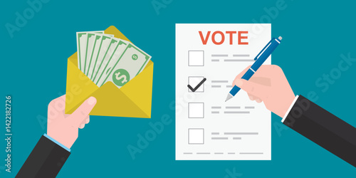 Voting person hand write answer on bulletin election. Other hand gives envelope with banknotes. Bribery of voters. vote buying. Illegal deal, corruption, bribe.