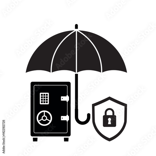 Umbrella cover safe with shield icon. Monochrome design isolated on white background. Insurance concept. Steel strongbox under protection. Security, safety, protect.