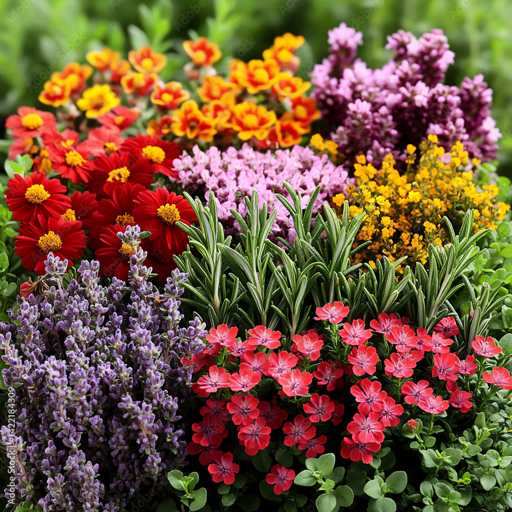 Obraz premium garden herbs colorful flowers vibrant border