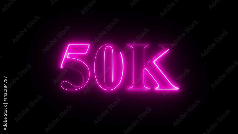 Glowing neon line with 50k Ultra video technology icon isolated on black background. 50K subscribers modern animation banner design. 50k Followers Celebration text animation. Glowing neon line with 50k Ultra video technology icon isolated on black background. 50K subscribers modern animation banner design. 50k Followers Celebration text animation.