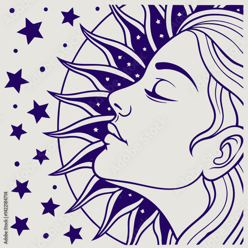 Female face with flowing hair and stars for spiritual identity
