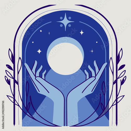 Abstract spiritual figure under moonlight with cosmic symbols