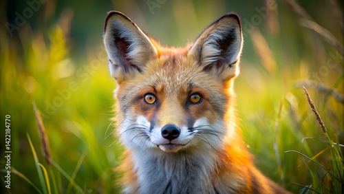 A close-up of a red fox standing in a field with natural environment. Generative AI.
