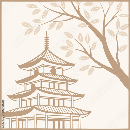Minimalist Asian temple with tree for spiritual balance