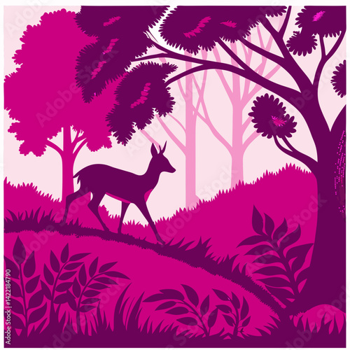 Purple mystical forest with moon and deer silhouette