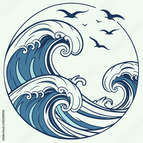 Ocean waves with flying birds in spiritual seascape design
