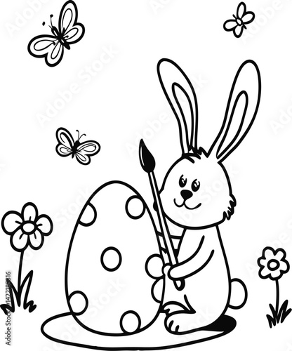Bunny painting Easter egg and some flowers, Coloring for Kids and HP Printable File. ready to print on standard 8.5x11 inch paper