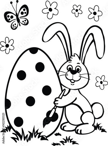 Bunny painting Easter egg and some flowers, Coloring for Kids and HP Printable File. ready to print on standard 8.5x11 inch paper