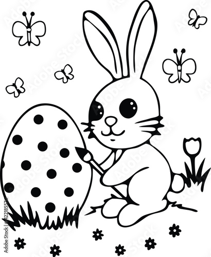 Bunny painting Easter egg and some flowers, Coloring for Kids and HP Printable File. ready to print on standard 8.5x11 inch paper