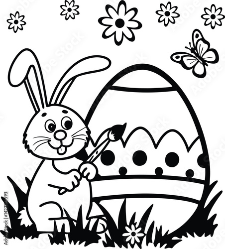 Bunny painting Easter egg and some flowers, Coloring for Kids and HP Printable File. ready to print on standard 8.5x11 inch paper