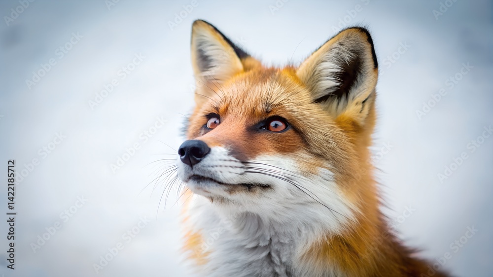 Fototapeta premium Beautiful Red Fox looking up on a white background. Generative AI.