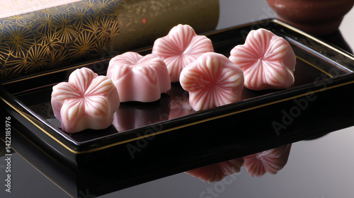 Sakura-shaped wagashi on lacquer tray pink hue