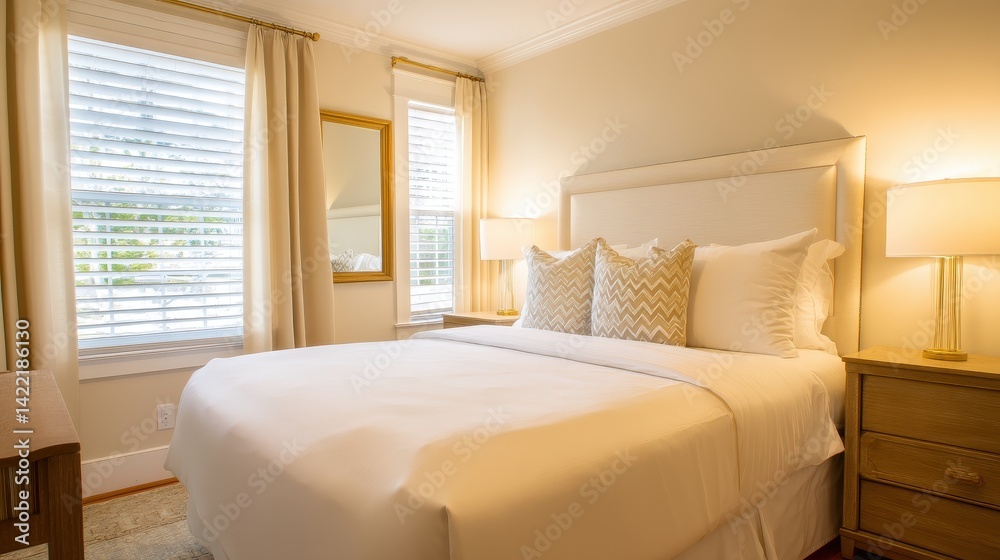 Fototapeta premium Cozy bedroom featuring a neatly made bed, soft lighting, and a serene window view