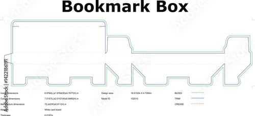 Bookmark packaging box die cut template with bleed and trim lines ready for printing