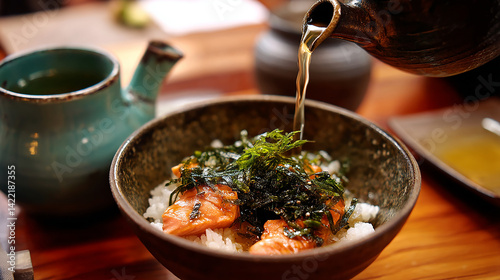 Salmon ochazuke with seaweed and rice green tea pour