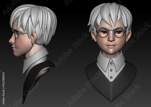 A detailed 3D model of a young boy character with white stylized hair and round glasses, presented as a bust. The design features a clean stylized aesthetic, visible in both the modeling stage