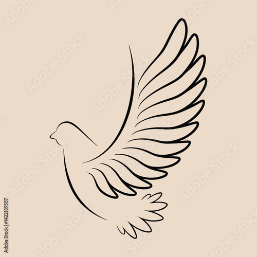 Elegant dove flying silhouette minimalist line art illustration beige background