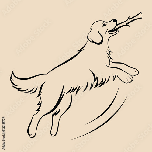 Golden retriever line art catching a stick running vector illustration