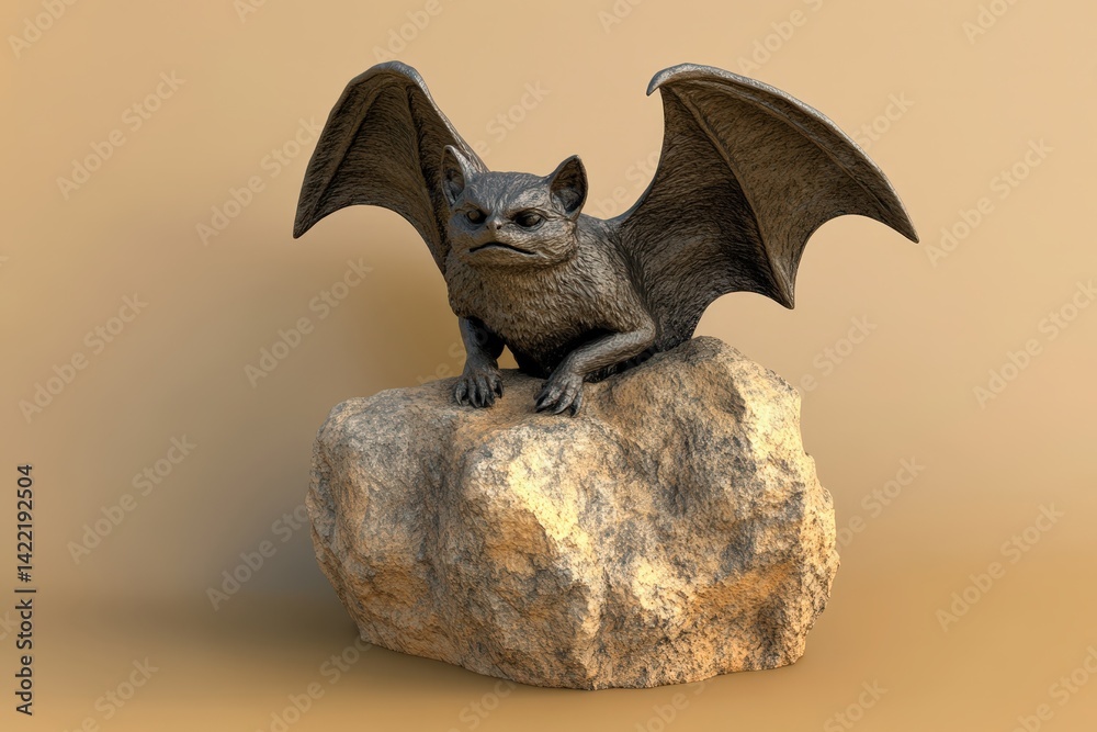 Fototapeta premium Dark, winged feline creature perched on a rock.