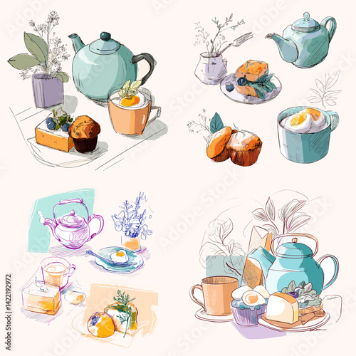 Watercolor illustration of cozy tea time with teapots, cups, and pastries, ideal for café menus, food packaging, culinary art, cozy lifestyle branding, and breakfast-themed designs.

