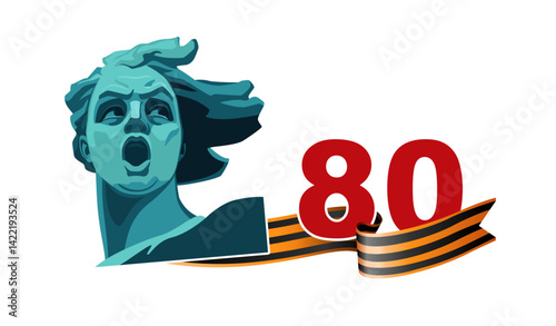 80 years of Victory Day! Green design, banner. Portrait of the sculpture Motherland Calls, symbol of Volgograd. St. George's Ribbon of the Second World War 1941-1945. Patriotic War.Vector Illustration