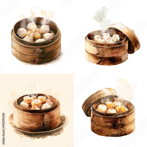 Watercolor illustration of steaming dim sum in bamboo steamers, showcasing traditional Asian cuisine, perfect for culinary art, menus, food packaging, and restaurant branding.

