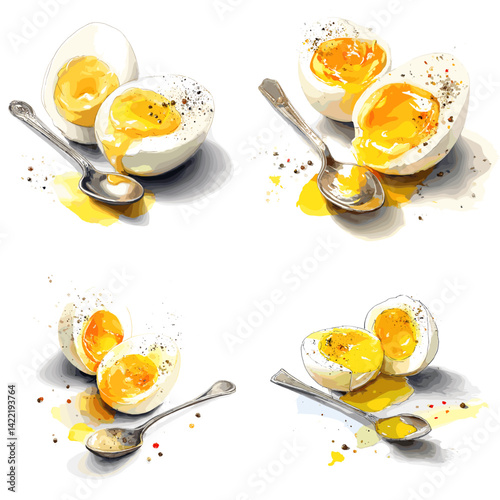 Watercolor illustration of soft-boiled eggs with runny yolk and spoons on a white background, ideal for food art, menu designs, recipe books, and culinary-themed projects.

