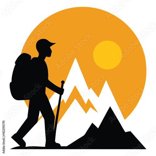 Hiker silhouette with backpack hiking up mountain with sun and peaks