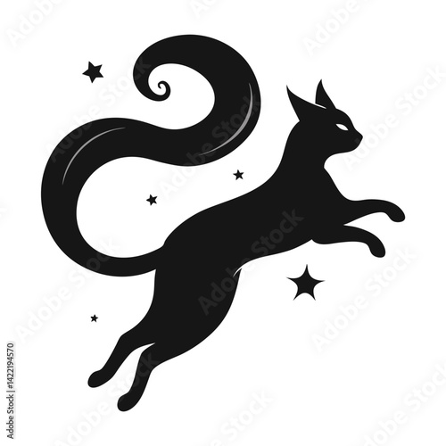 Elegant black cat silhouette leaping through stars vector illustration