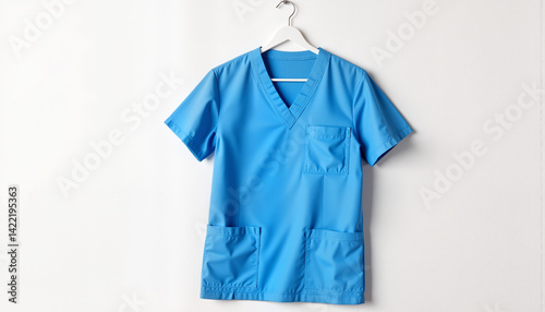 Blue medical scrub top hanging against a white background  