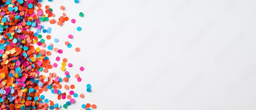 Fototapeta premium Colorful confetti scattered on a white surface, creating a festive and playful atmosphere, perfect for celebrations or parties.