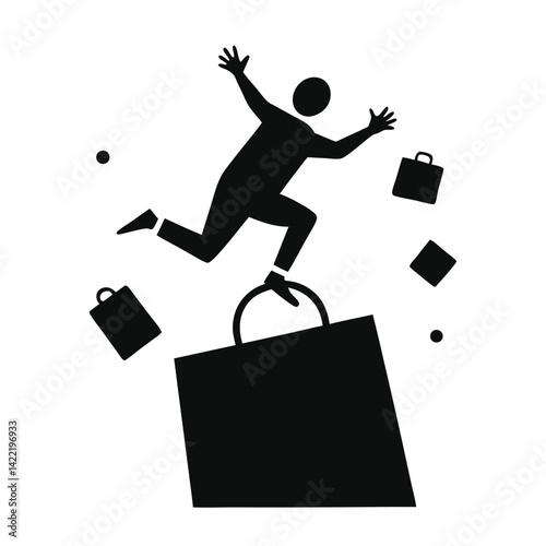 Silhouette of a person falling with shopping bags and parcels black and white