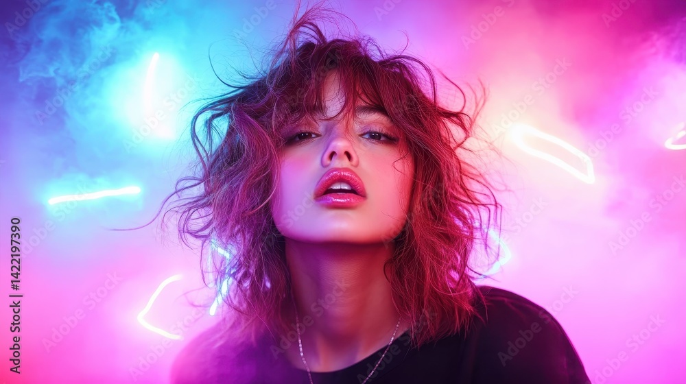 A striking portrait of a woman illuminated by colorful neon lights and enveloped in smoke, echoing a sense of modernity, passion, and dynamic energy in artistic expression. A striking portrait of a woman illuminated by colorful neon lights and enveloped in smoke, echoing a sense of modernity, passion, and dynamic energy in artistic expression.