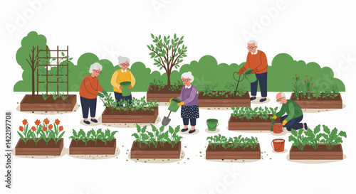 Seniors gardening together in vibrant community garden  