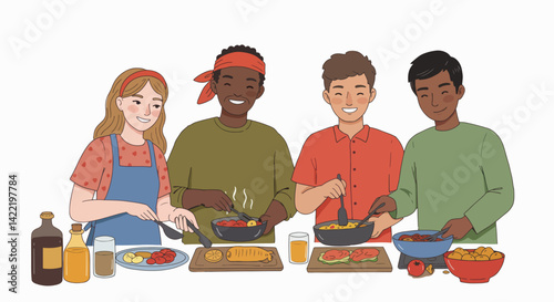 Friends cooking together in a cheerful kitchen scene  
