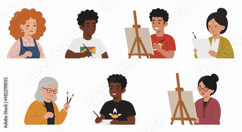Diverse artists expressing creativity while painting together  