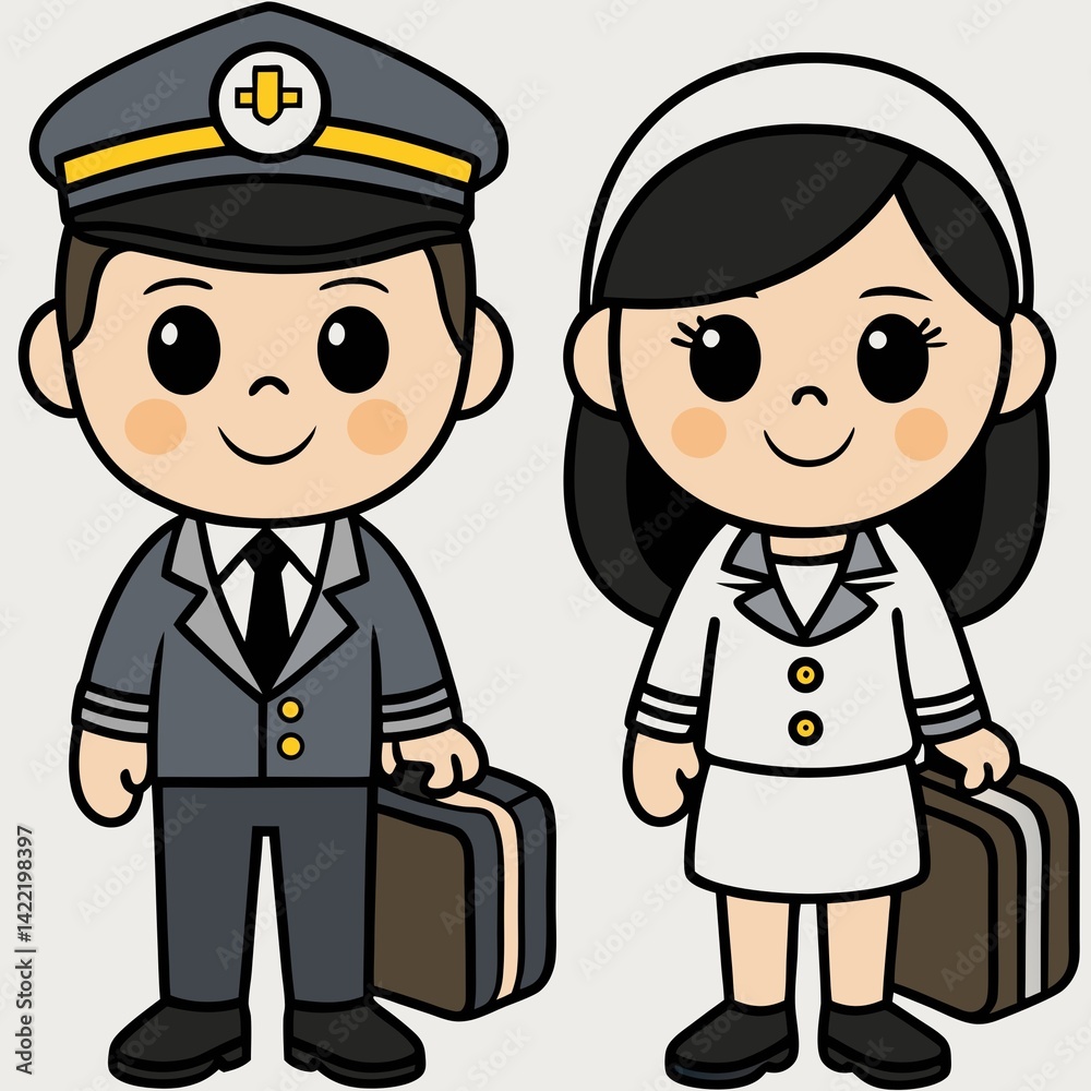 Chibi Airline Pilot Characters Vector – Cute Male & Female Crew in Uniform Sticker Art
