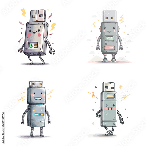 Adorable cartoon USB flash drives with smiling faces and robotic limbs, playful technology illustration, perfect for tech blogs, digital storage concepts, gadget branding, and educational content.

