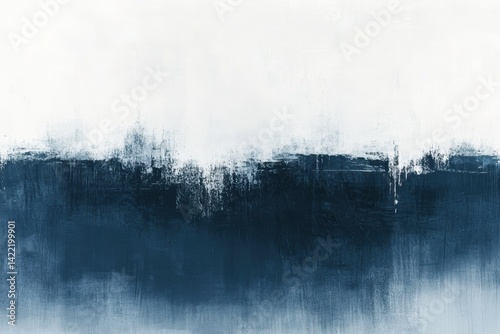 シンプルな抽象画で、青と白が融合し、静けさを感じさせる空間を作り出している。