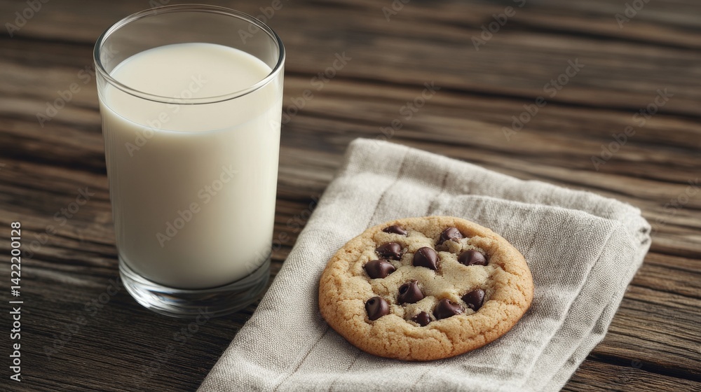 A glass of milk and a chocolate chip cookie displayed nicely A glass of milk and a chocolate chip cookie displayed nicely