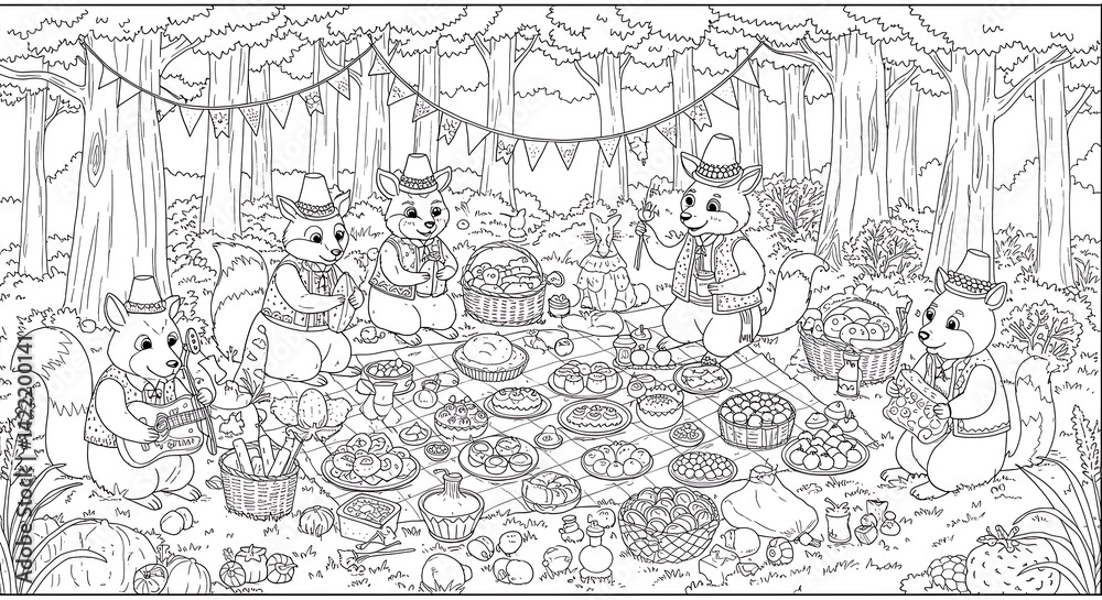 Obraz premium Junina Party Coloring Drawing, Typical Food Animal Picnic 