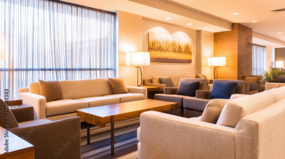 Fototapeta premium Modern lounge area with comfortable seating, warm lighting, and artistic decor, inviting relaxation