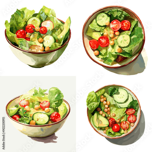 Fresh vegetable salad with lettuce, cucumber, cherry tomatoes, and chickpeas in a bowl, watercolor style illustration, perfect for healthy eating blogs, restaurant menus, and organic food designs.

