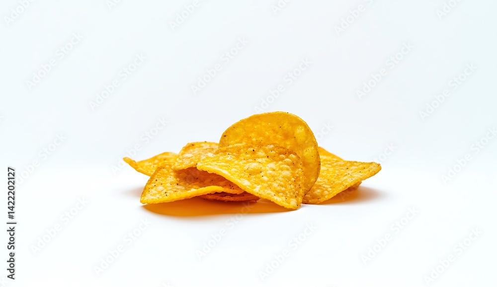 Fototapeta premium Crispy Golden Snack Chips Piled on White Background for Delicious Treat