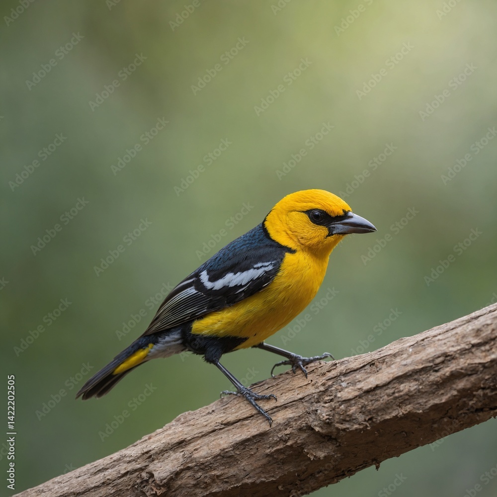 Obraz premium Yellow-throated Tanager bird on piece of wood