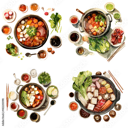 Delicious Asian hot pot meals with fresh vegetables, tofu, meat, and sauces, watercolor food illustration, perfect for menus, culinary blogs, restaurant branding, and Asian cuisine designs.

