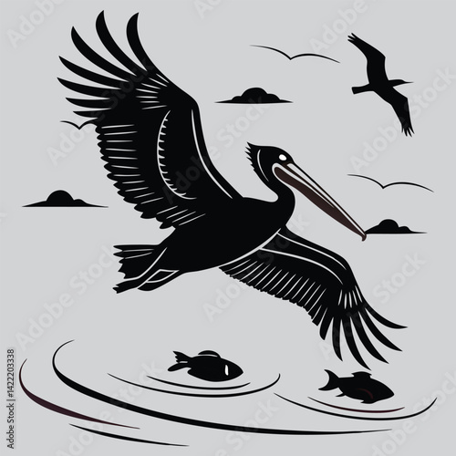 A pelican catching fish image silhouette design vector art and illustration