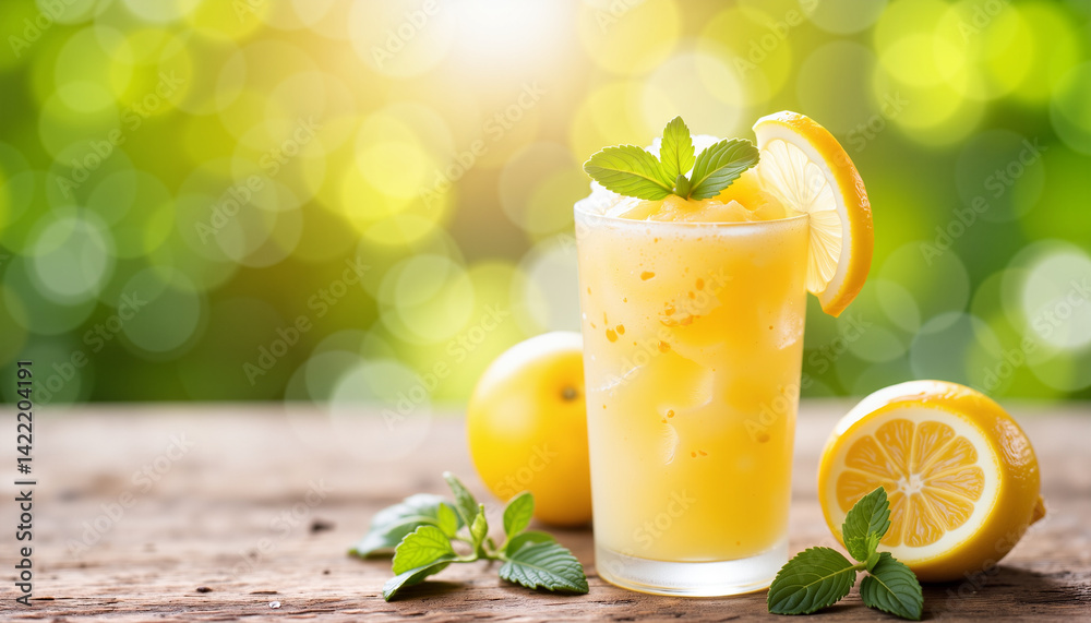 Fototapeta premium Refreshing lemonade drink with lemon and mint against blurred background 