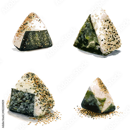Delicious watercolor onigiri rice balls wrapped in seaweed with sesame seeds, traditional Japanese food illustration, perfect for menus, packaging, cookbooks, and Asian cuisine themes.

